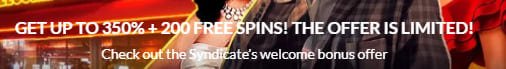 Syndicate Casino welcome offer with 200 free spins